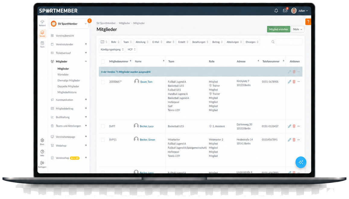 Mitgliederübersicht mit Beitragsstatus pro Mitglied im SportMember Vereinssystem